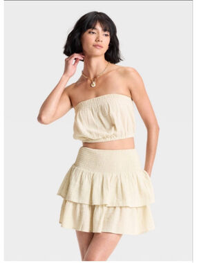 Women’s Crinkle Gauze Tube Top Universal Thread Tan XL NWT Strapless Smocked